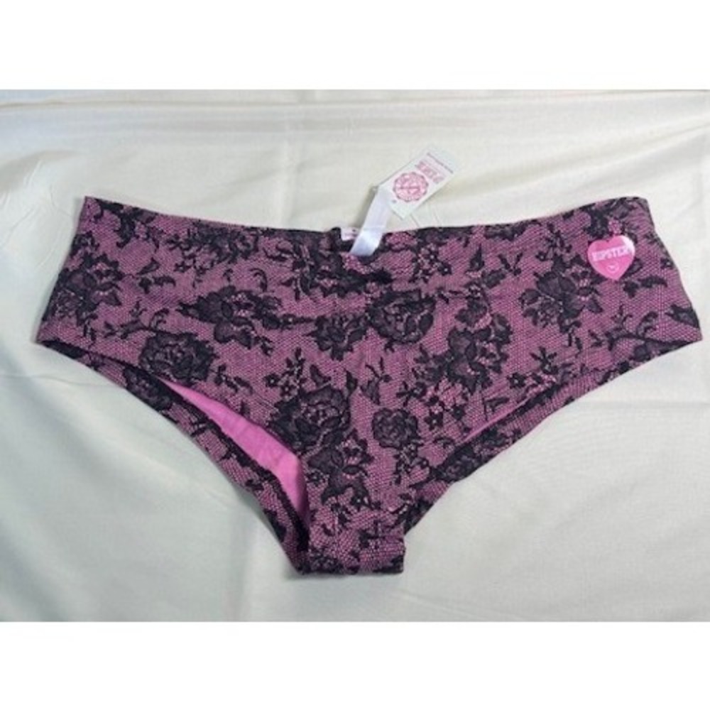 PINK Victoria's Secret Extra Low Rise Cheeky Hipster Lace Panty Pink Black L NWT